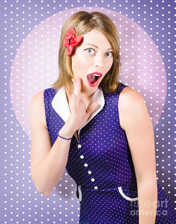 Surprised pin-up woman in purple polka dot dress Photograph by Jorgo Photography