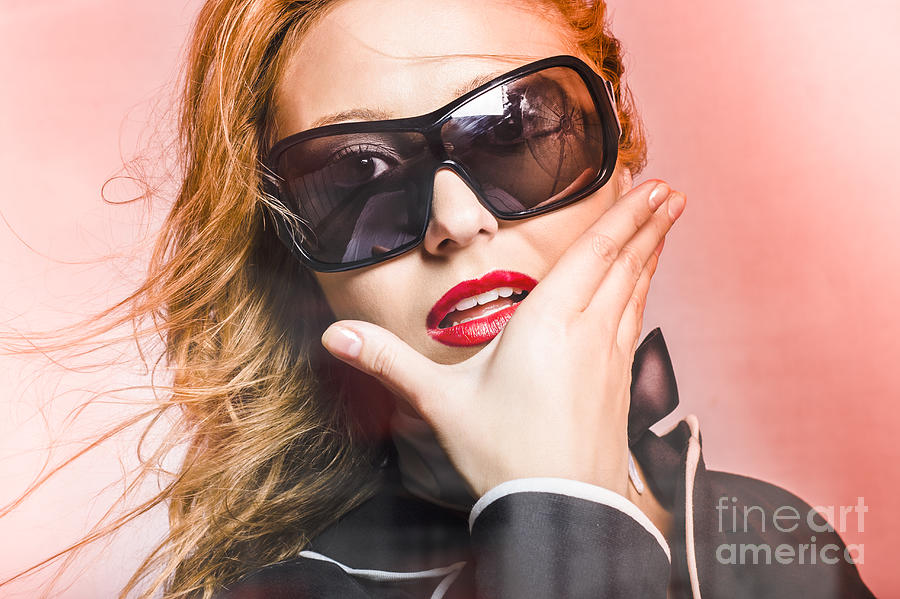 Portrait Photograph - Surprised young woman wearing fashion sunglasses by Jorgo Photography