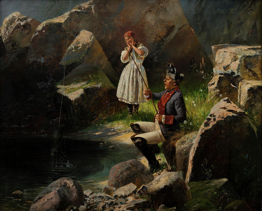 Fishing Painting - Surprising Catch by Georg Schobel Fishing Painting - Surprising Catch by Georg Schobel