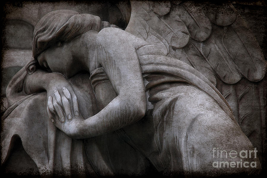 Angel In Mourning At Grave - Surreal Beautiful Angel Weeping Cemetery Art Photograph by Kathy Fornal