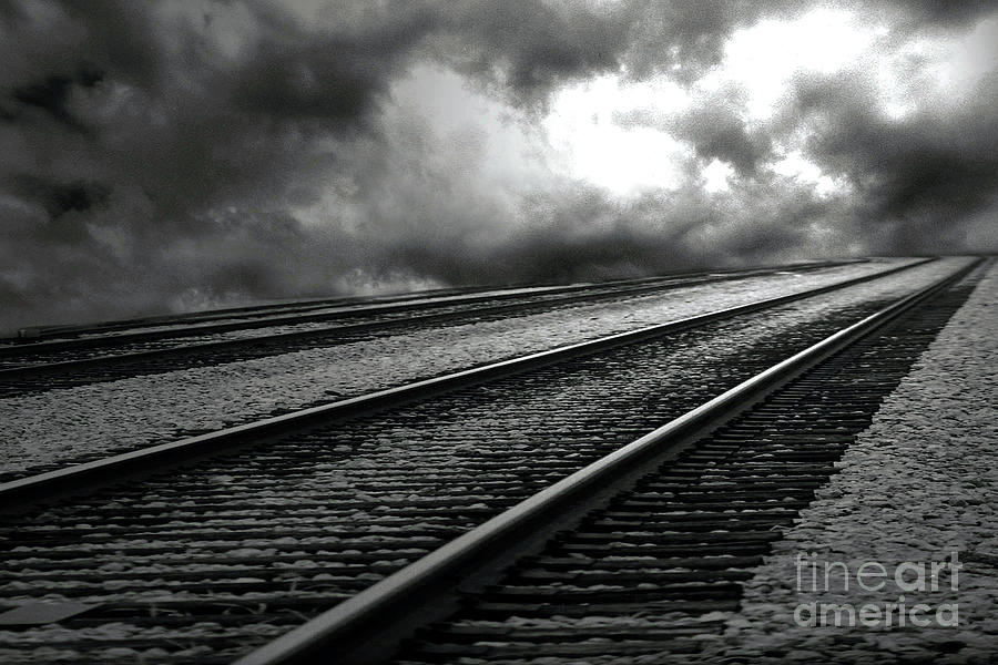 Railroad Tracks Photograph - Surreal Black White Railroad Tracks - Railroad Tracks Infrared Photography by Kathy Fornal