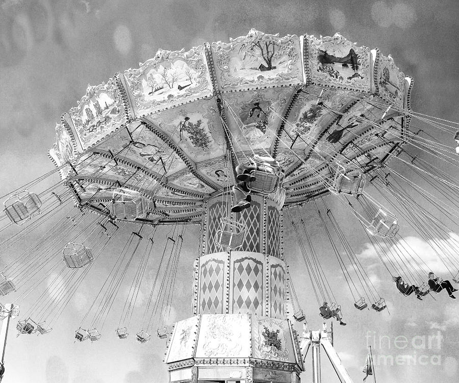 Surreal Carnival Rides - Carnival Rides Ferris Wheel Black and White Photography Prints Home Decor Photograph by Kathy Fornal