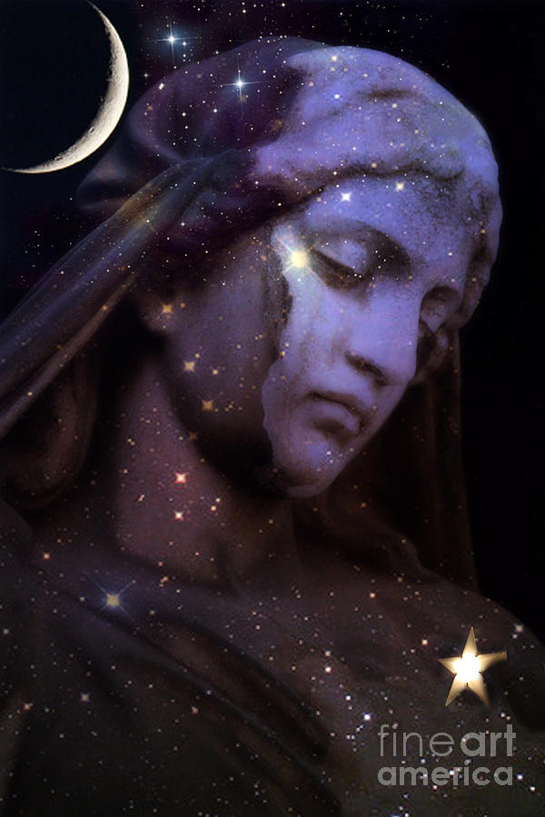 Fantasy Photograph - Surreal Celestial Angelic Face With Stars and Moon - Purple Moon Celestial Angel  by Kathy Fornal