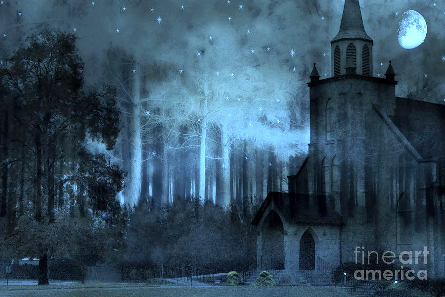 Surreal Church In Woods Blue Moon Starry Full Moon Night  Digital Art by Kathy Fornal