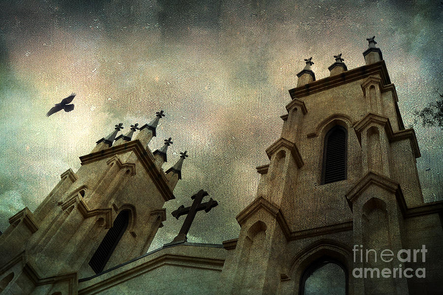 Gothic Church Surreal Ethereal Gothic Church With Cross - Haunting Church Architecture Photograph by Kathy Fornal