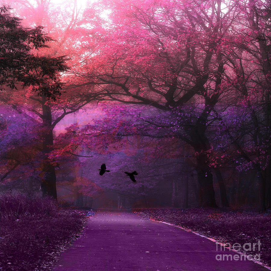 Fantasy Nature Photograph - Surreal Fantasy Dark Pink Purple Nature Woodlands Flying Ravens  by Kathy Fornal