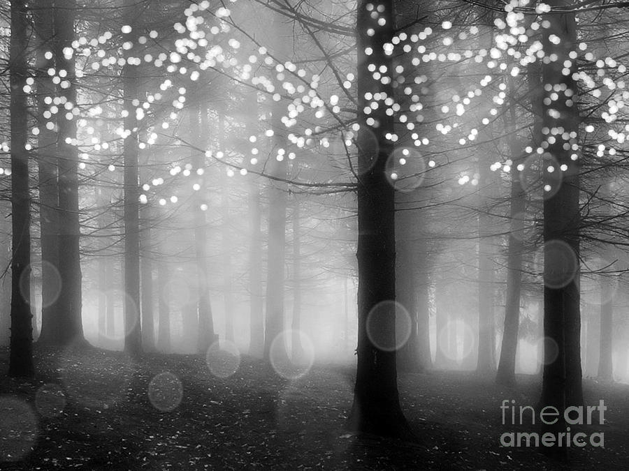 Surreal Fantasy Fairytale Black White Fairylights Sparkling Trees Nature Woodlands Print Home Decor Photograph by Kathy Fornal