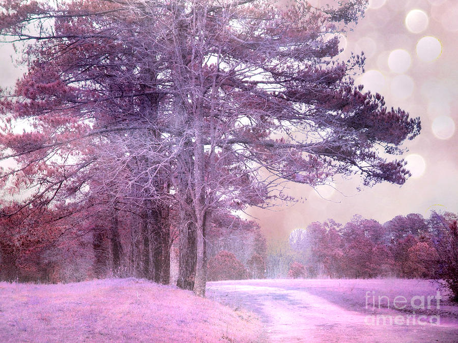Surreal Fantasy Fairytale Purple Lavender Nature Landscape - Fantasy Lavender Bokeh Nature Trees Photograph by Kathy Fornal