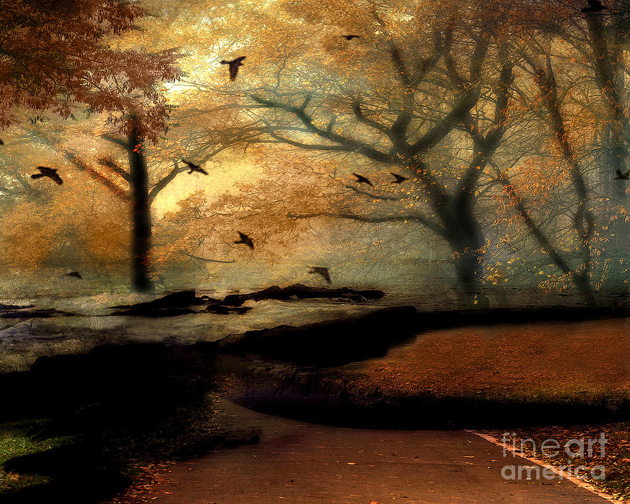 Surreal Fantasy Haunting Autumn Trees Ravens Photograph by Kathy Fornal