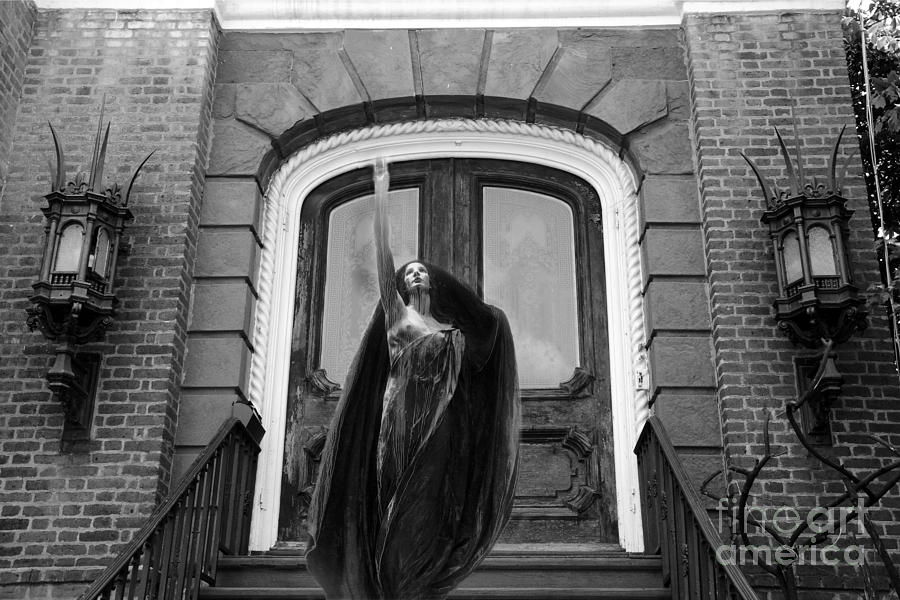 Surreal Gothic Black and White Female Figure Black Cape - Haunting Spooky Surreal Black White Art Photograph by Kathy Fornal