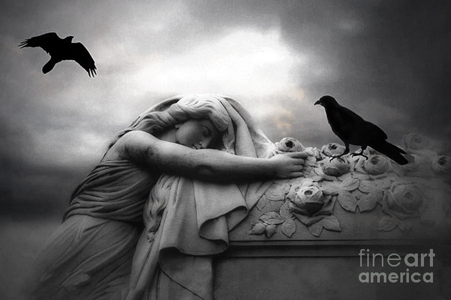 Surreal Gothic Cemetery Angel Mourning Figure With Black Ravens  Photograph by Kathy Fornal