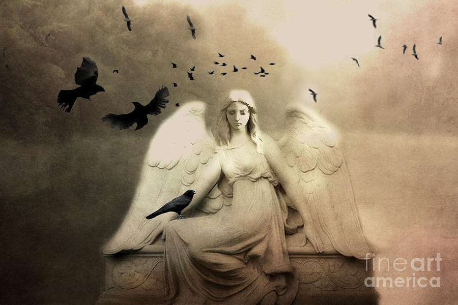 Surreal Gothic Cemetery Angel With Flying Ravens - Ethereal Surreal Gothic Angel Art Photograph by Kathy Fornal