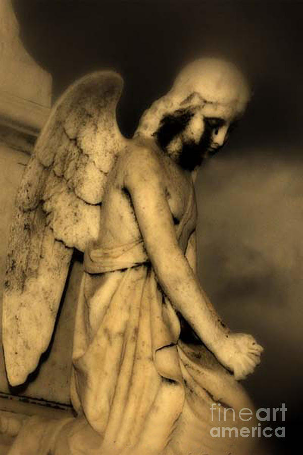 Angel Monuments Photograph - Surreal Gothic Dark Cemetery Angel With Black Face by Kathy Fornal