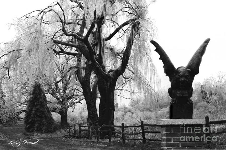 Halloween Photograph - Surreal Gothic Gargoyle Black and White Tree Infrared Landscape  by Kathy Fornal