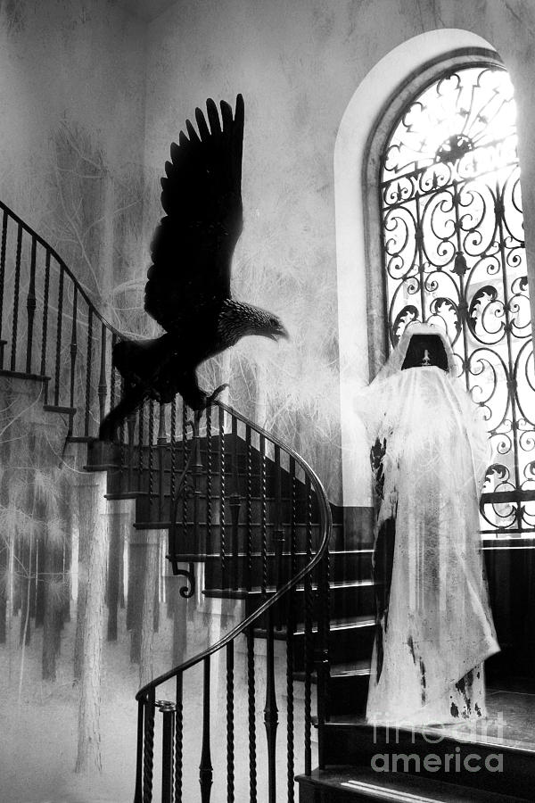 Surreal Gothic Grim Reaper With Eagle Black and White - Halloween Spooky Haunting  Photograph by Kathy Fornal