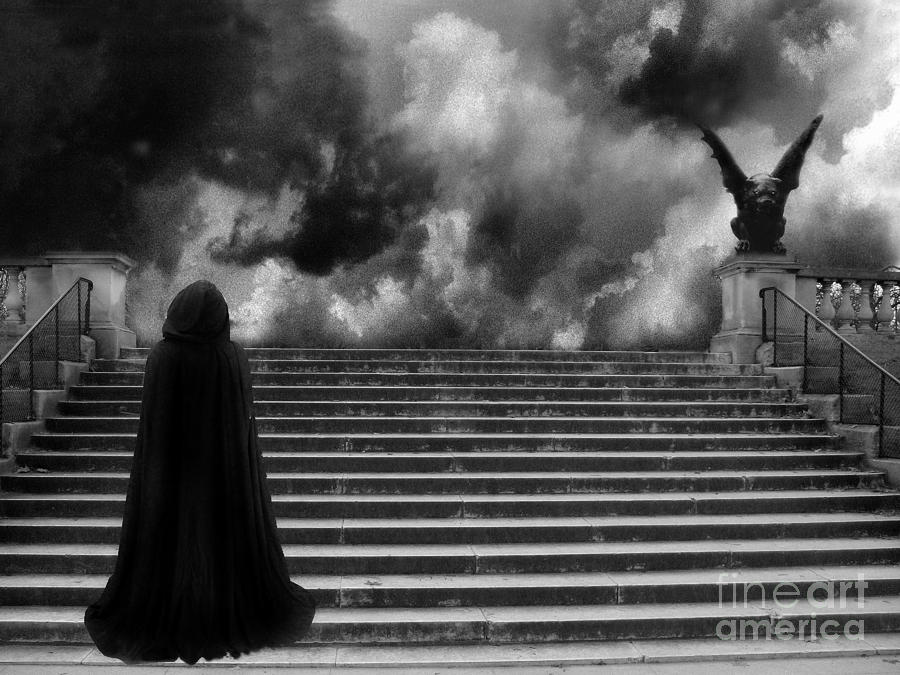 Gargoyle Statues Photograph - Surreal Gothic Infrared Black Caped Figure With Gargoyle On Paris Steps by Kathy Fornal