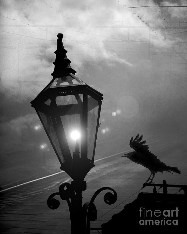 Surreal Gothic Raven With Night Stars Lantern - Haunting Raven Black and White Night Lights Photograph by Kathy Fornal