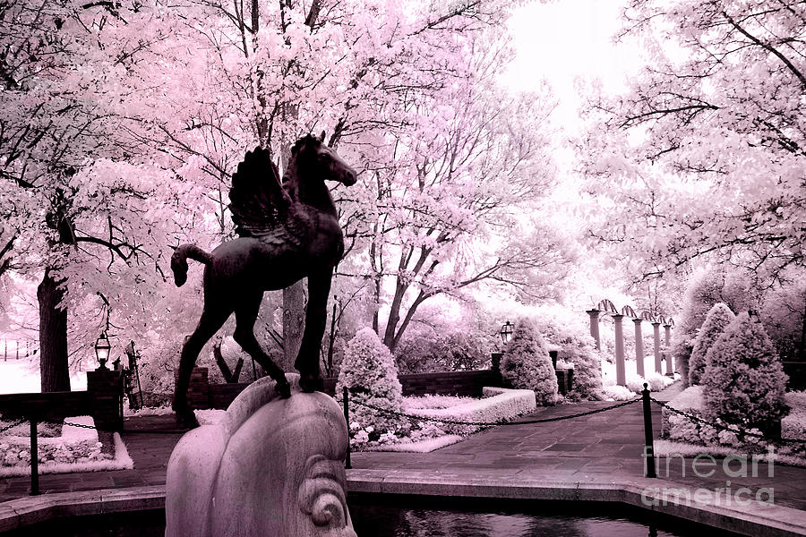 Surreal Infared Pink Black Sculpture Horse Pegasus Winged Horse Architectural Garden Photograph by Kathy Fornal