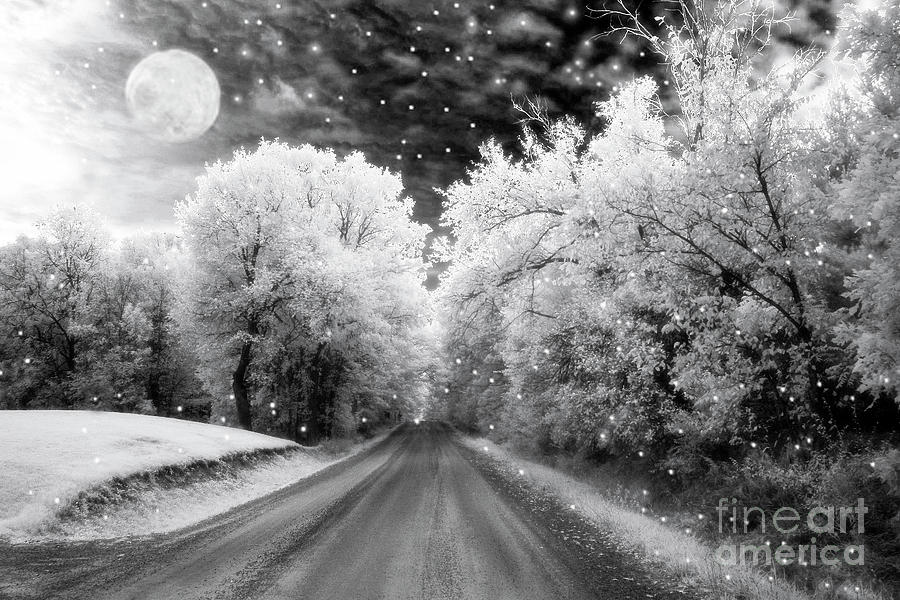 Surreal Infrared Black and White Fairytale Full Moon Nature Country Road - Ethereal Infrared Nature Photograph by Kathy Fornal