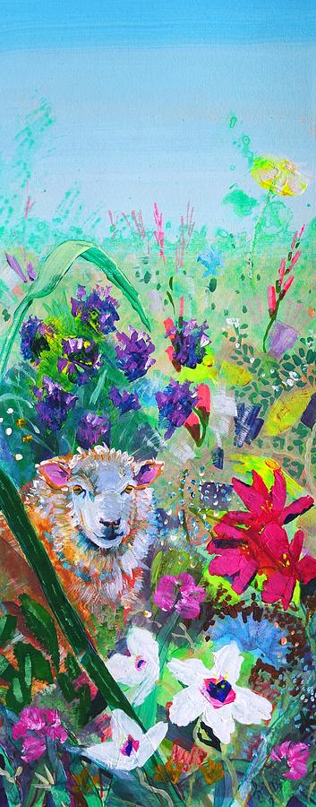 Surreal Sheep And Flowers - Hiding In The Garden Mixed Media