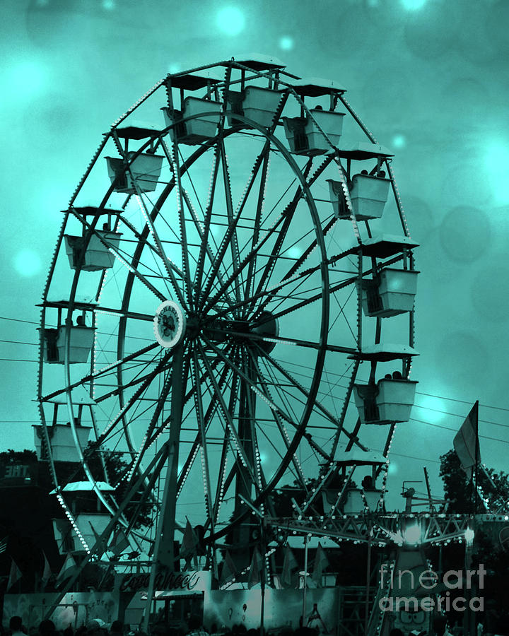 Surreal Teal Green Aqua Carnival Ferris Wheel - Carnival Festival Fair Home Decor Photograph by Kathy Fornal