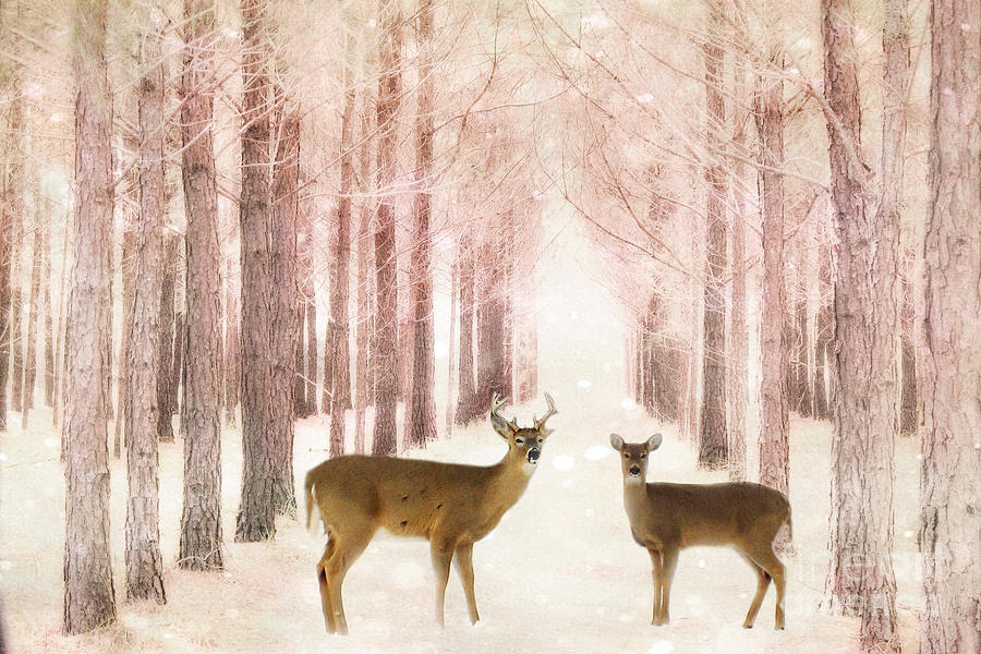 Deer Woodlands Nature Print - Dreamy Surreal Deer Woodlands Nature Pink Forest Landscape Photograph by Kathy Fornal