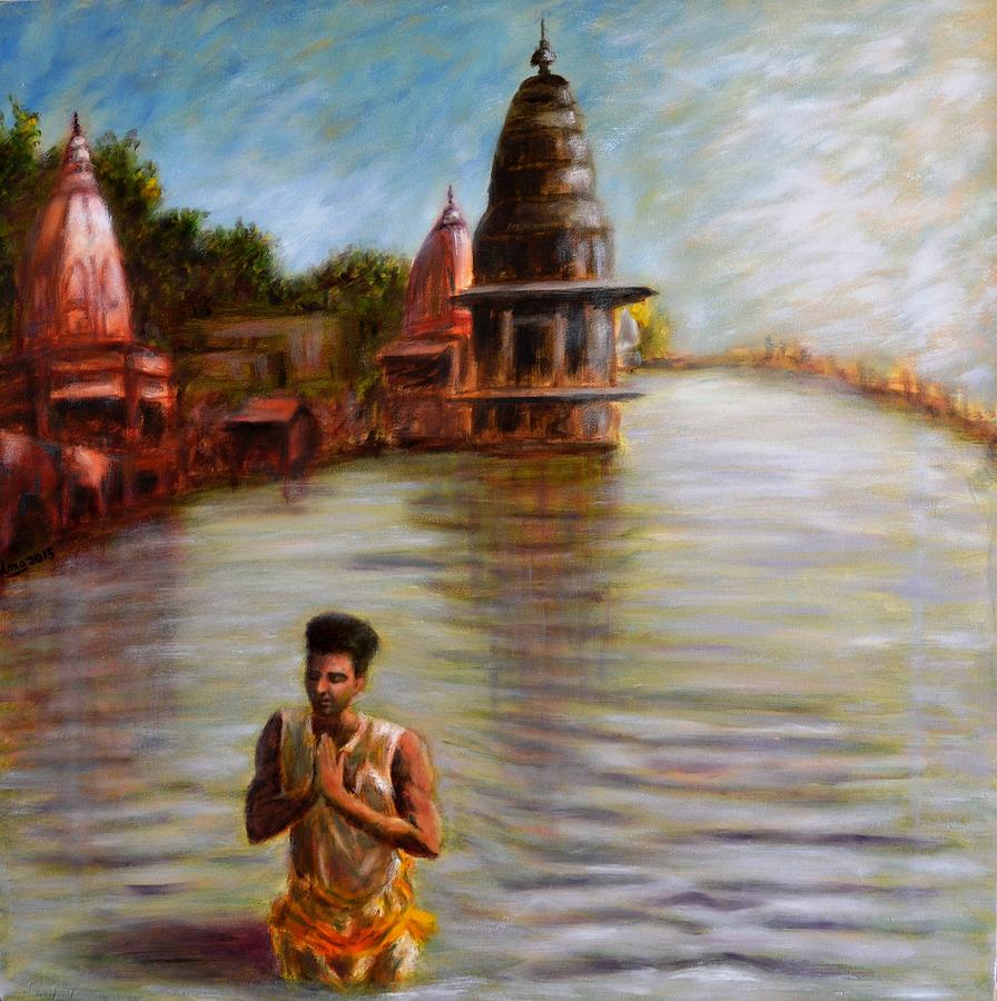 Suryanamaskar at Haridwar Painting by Uma Krishnamoorthy