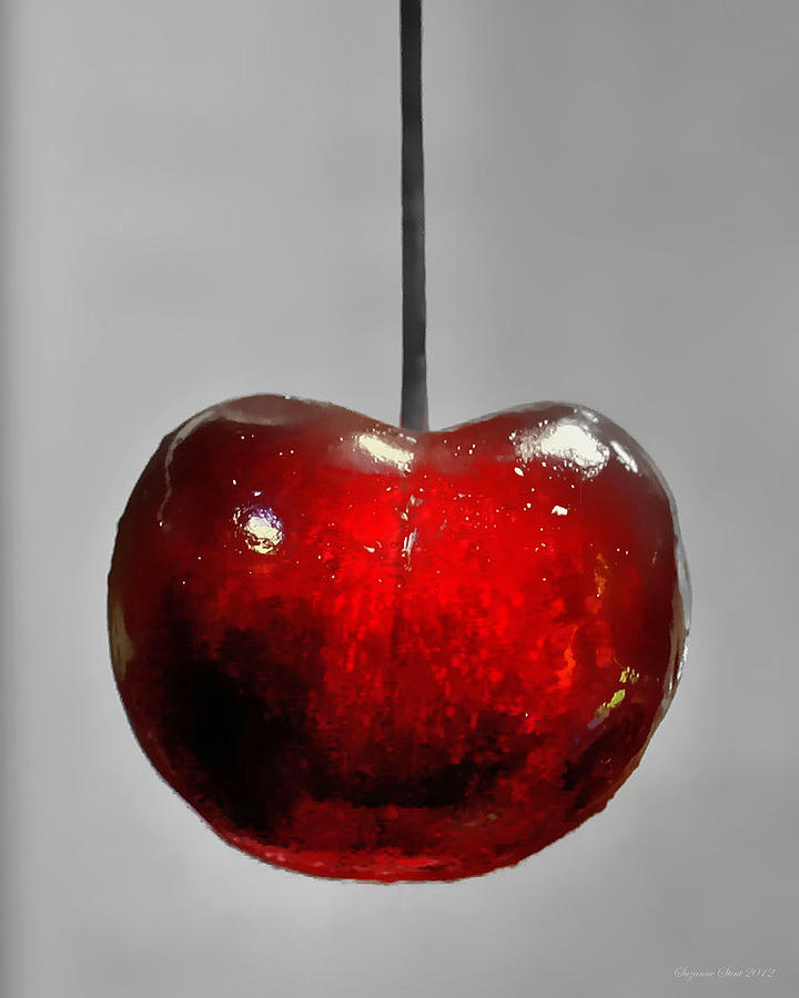 Fruit Photograph - Suspended Cherry by Suzanne Stout