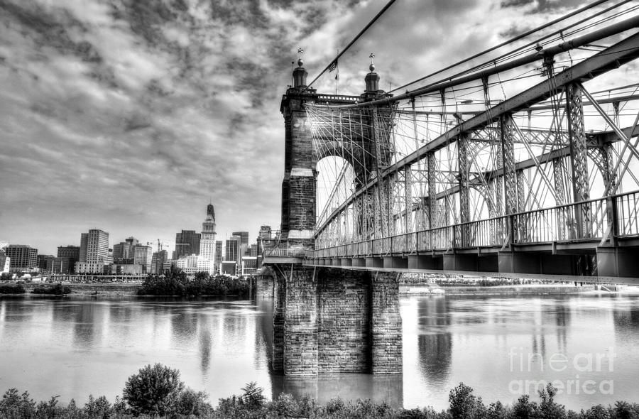 Suspension Bridge At Cincinnati BW Photograph by Mel Steinhauer