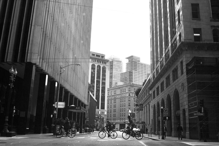 City Photograph - Sutter Street Cyclists - San Francisco Street View Black and White  by Matt Quest