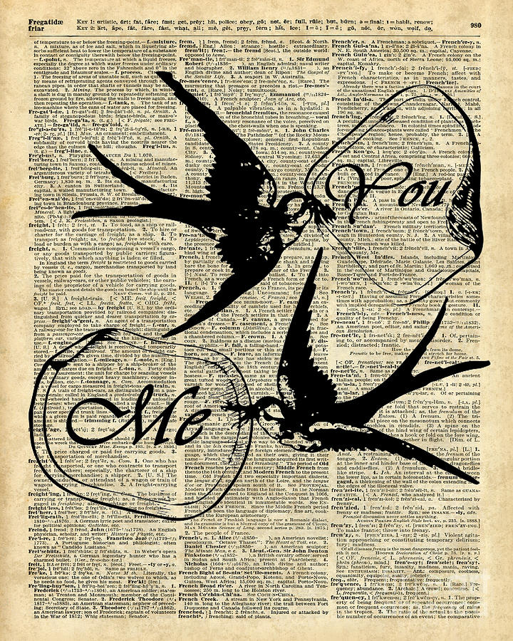 Bird Digital Art - Swallows In Love,Flying birds Vintage Dictionary Art by Anna W