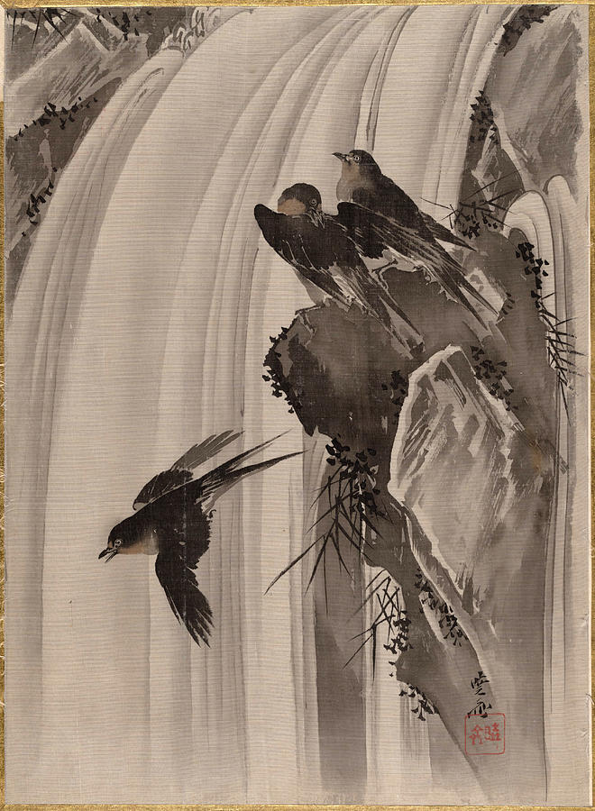 Landscape Painting - Swallows Near a Water-Fall by Kawanabe Kyosai