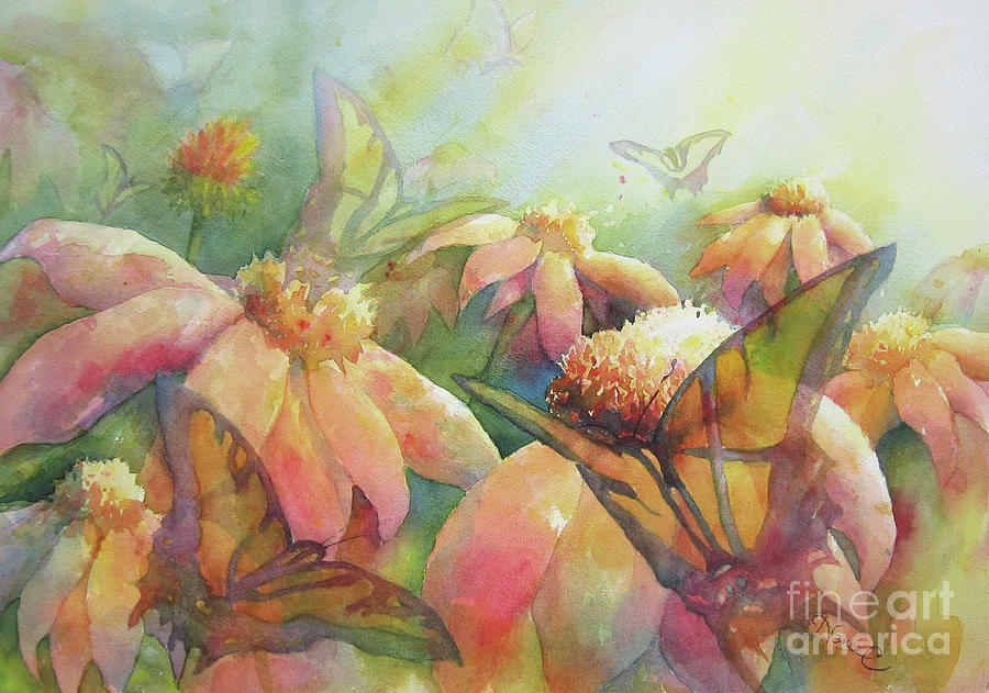 Coneflowers and Swallowtails Painting by Nancy Charbeneau