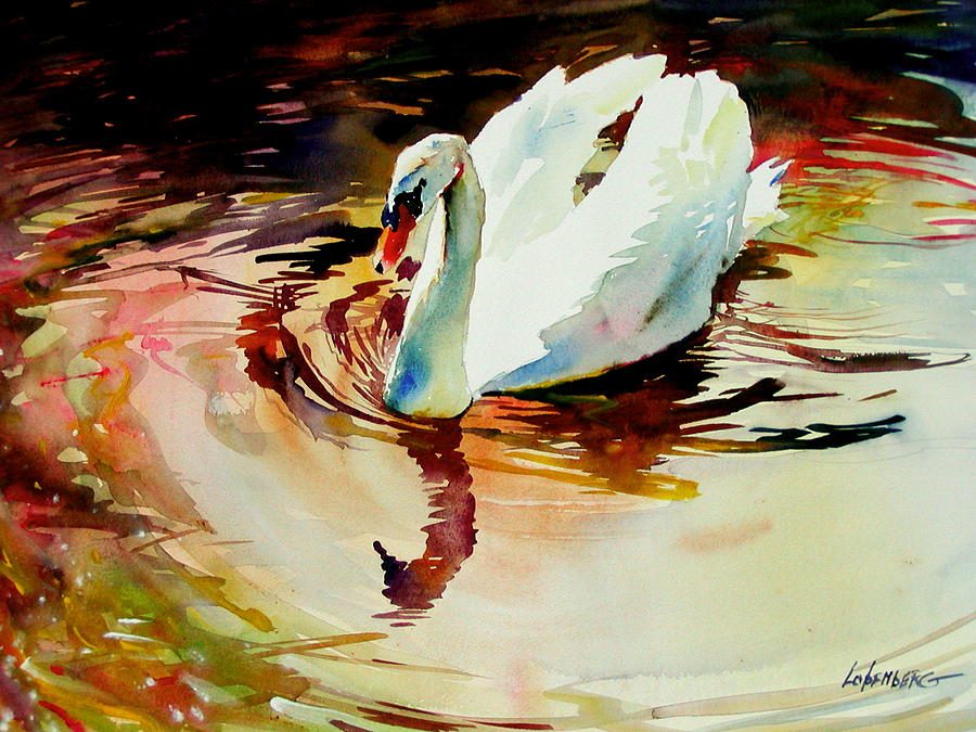 Swan At Sunset  Painting by David Lobenberg