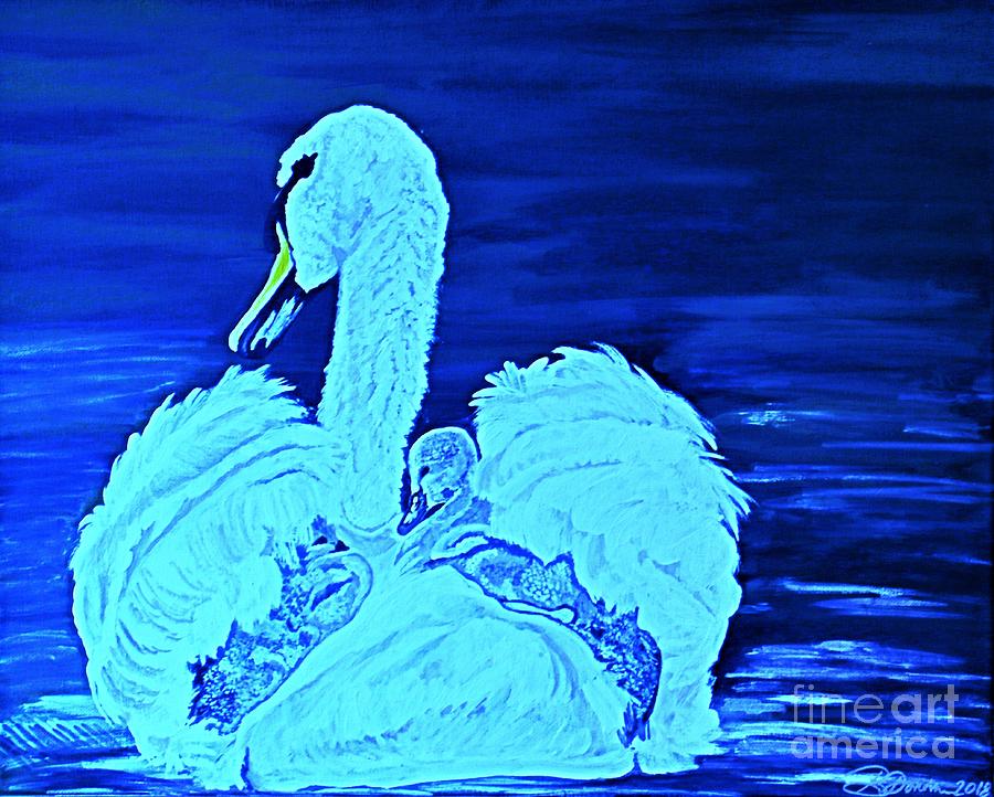 Swan Momma in Blue Painting by Barbara Donovan