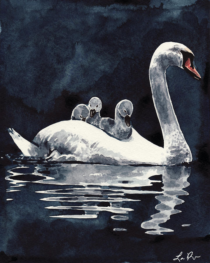 Swan Painting - Swan Mother and Babies on the Lake by Laura Row