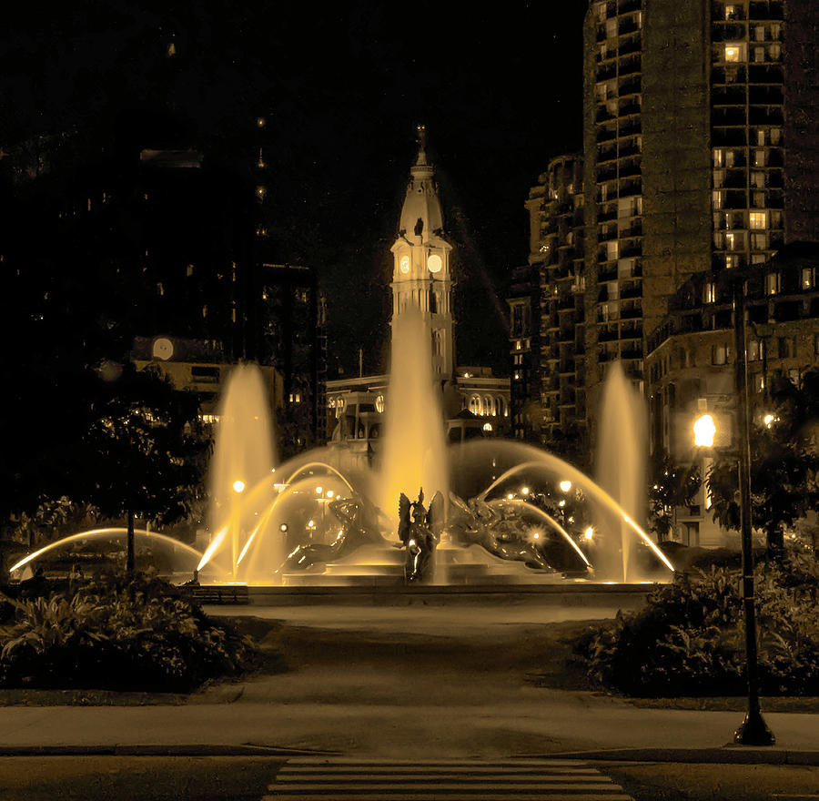 Swann Fountain and City Hall - Philadelphia in Sepia Photograph by Bill Cannon