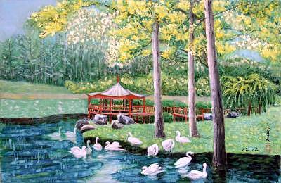 White Birds Painting - Swans By A Pavilion by Komi Chen White Birds Painting - Swans By A Pavilion by Komi Chen