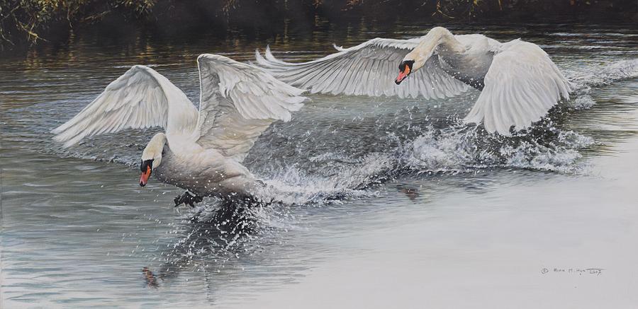 Swans in Dispute Painting by Alan M Hunt