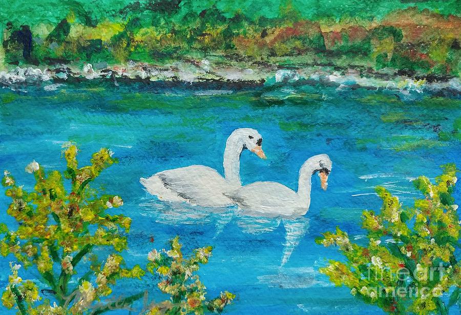 Swans Painting by Myrtle Joy