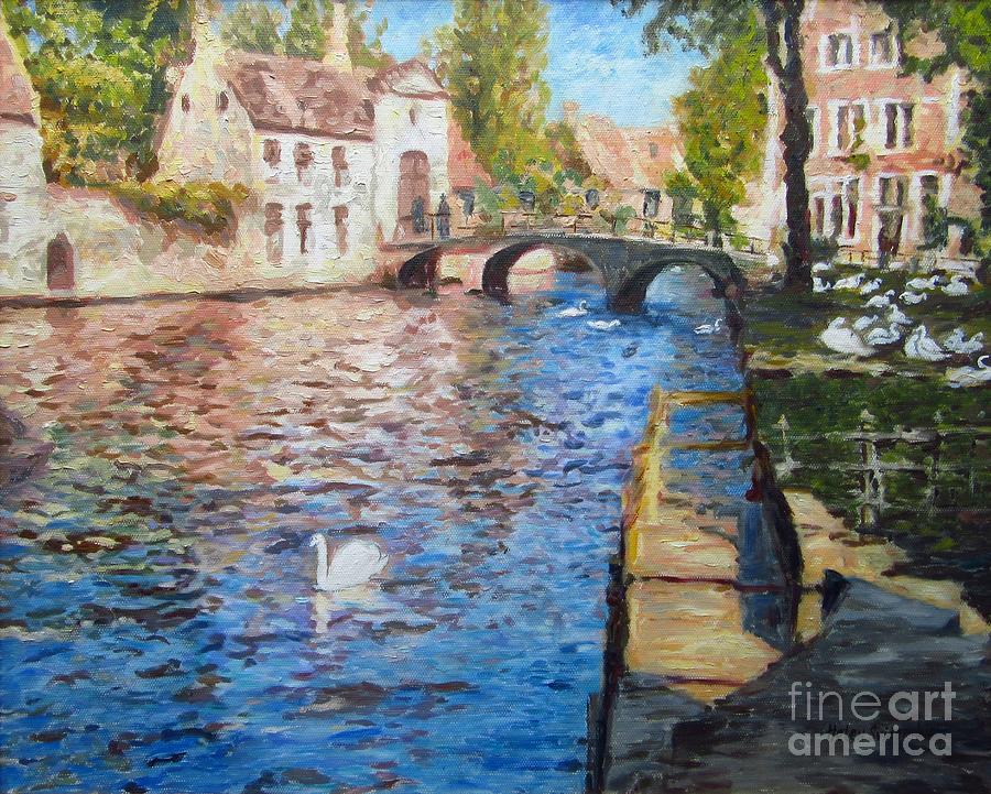 Swans Of The City Of Bruges, Belgium. Painting