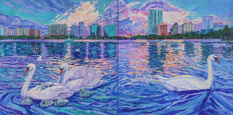 Swans sunset diptych Painting by Heather Nagy
