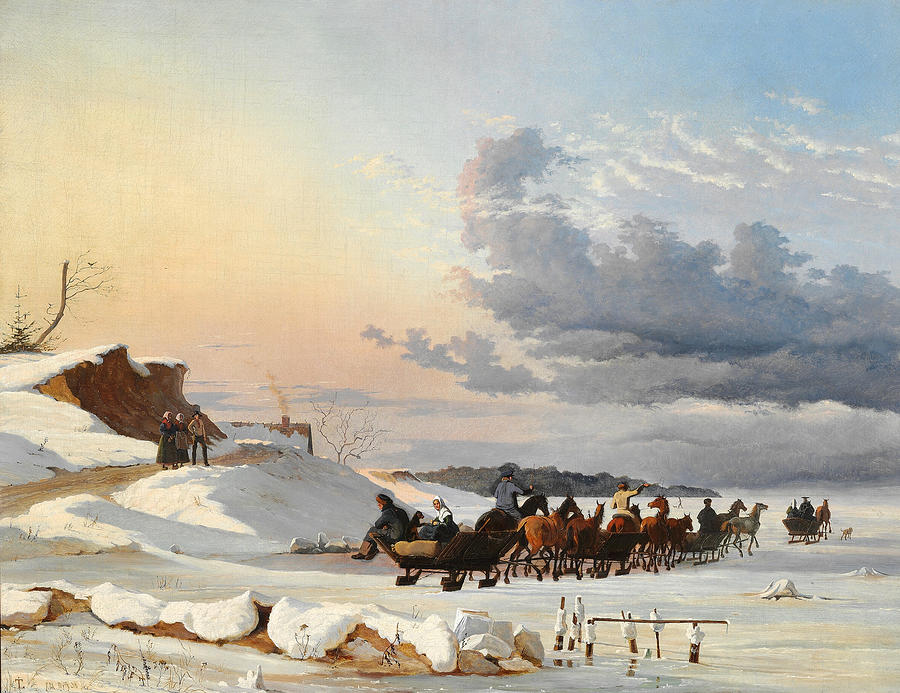 Swedish sledges on their way back after having sold goods in Copenhagen Painting by Johan Thomas Lundbye