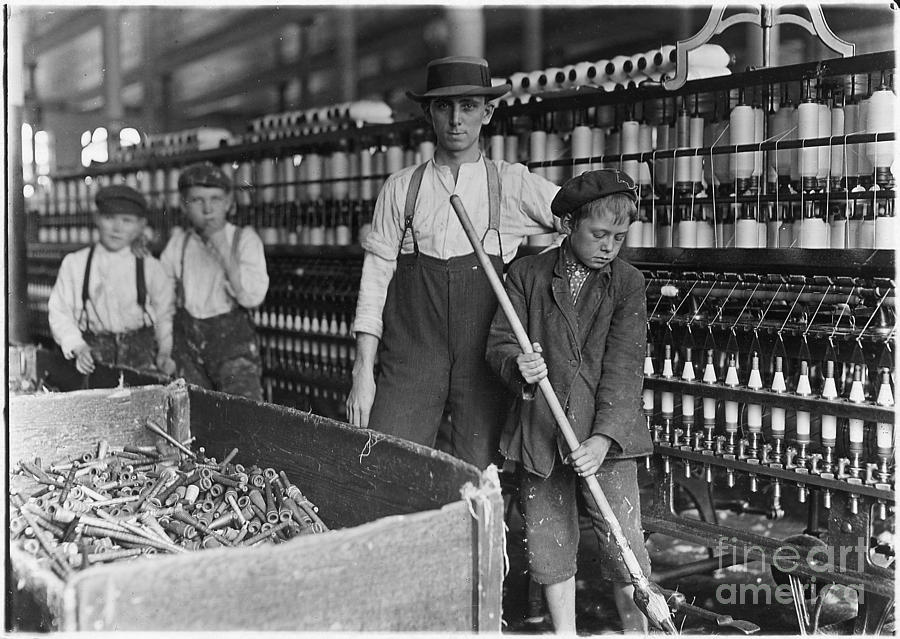 Lewis Wickes Hine Painting - Sweeper and doffer boys in Lancaster Cotton Mills by Celestial Images