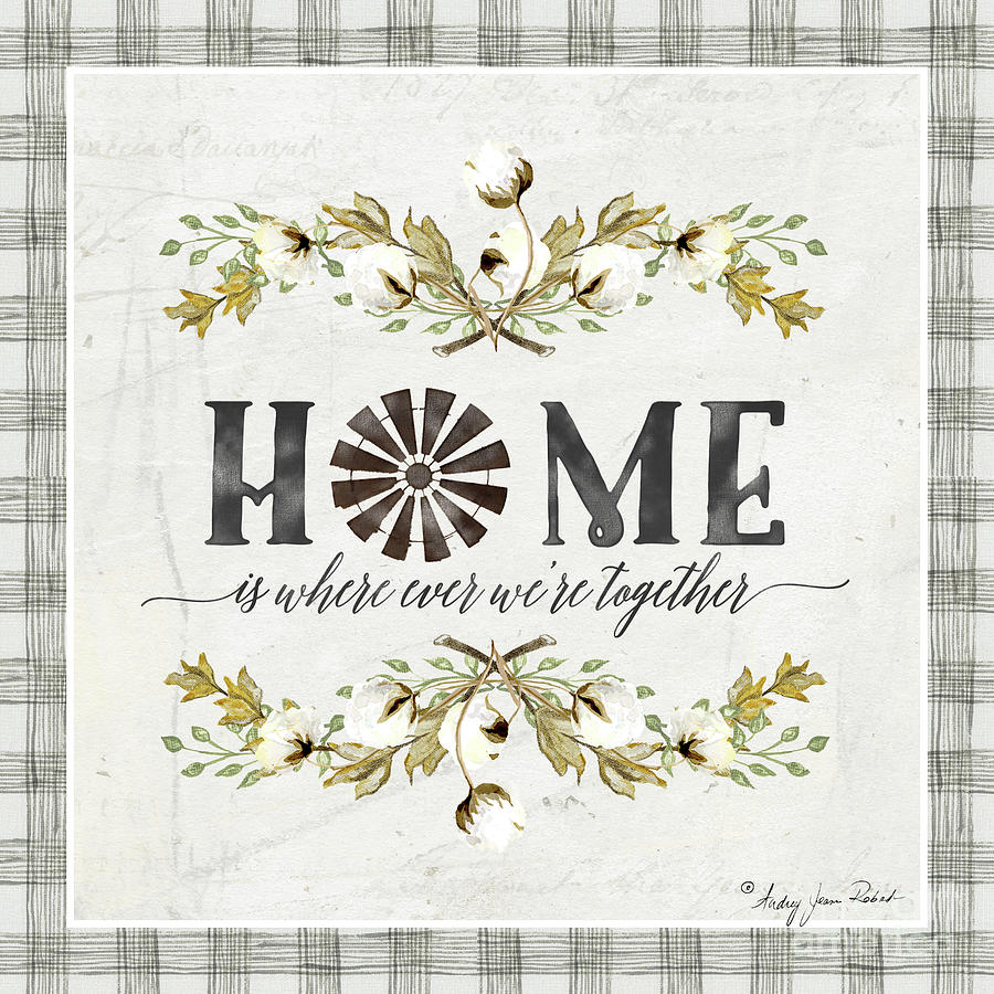Typography Painting - Sweet Life Farmhouse 5 Home Windmill Cotton Boll Laurel Leaf Buffalo Check Plaid by Audrey Jeanne Roberts