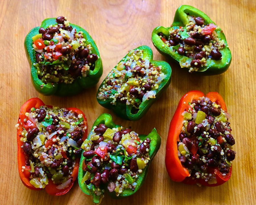 Sweet Peppers Stuffed with Black Beans and Quinoa Photograph by Polly Castor