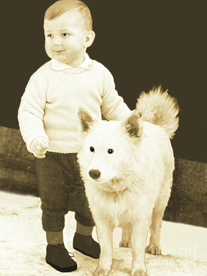 Sweet Vintage Toddler With His White Mutt by Marian Cates Sweet Vintage Toddler With His White Mutt by Marian Cates