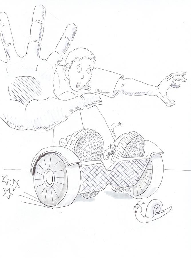Swegway Hoverboard Emergency Stop Cartoon Drawing by Mike Jory