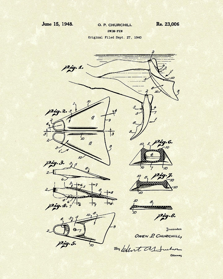 Swim Fin 1948 Patent Art Drawing by Prior Art Design