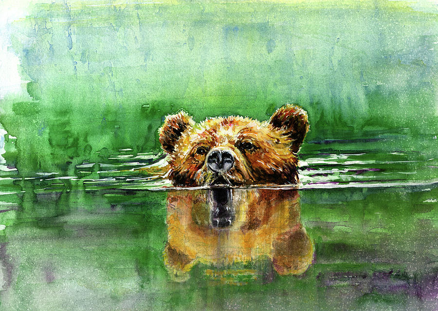 Animal Painting - Swiming Grizzly by John D Benson